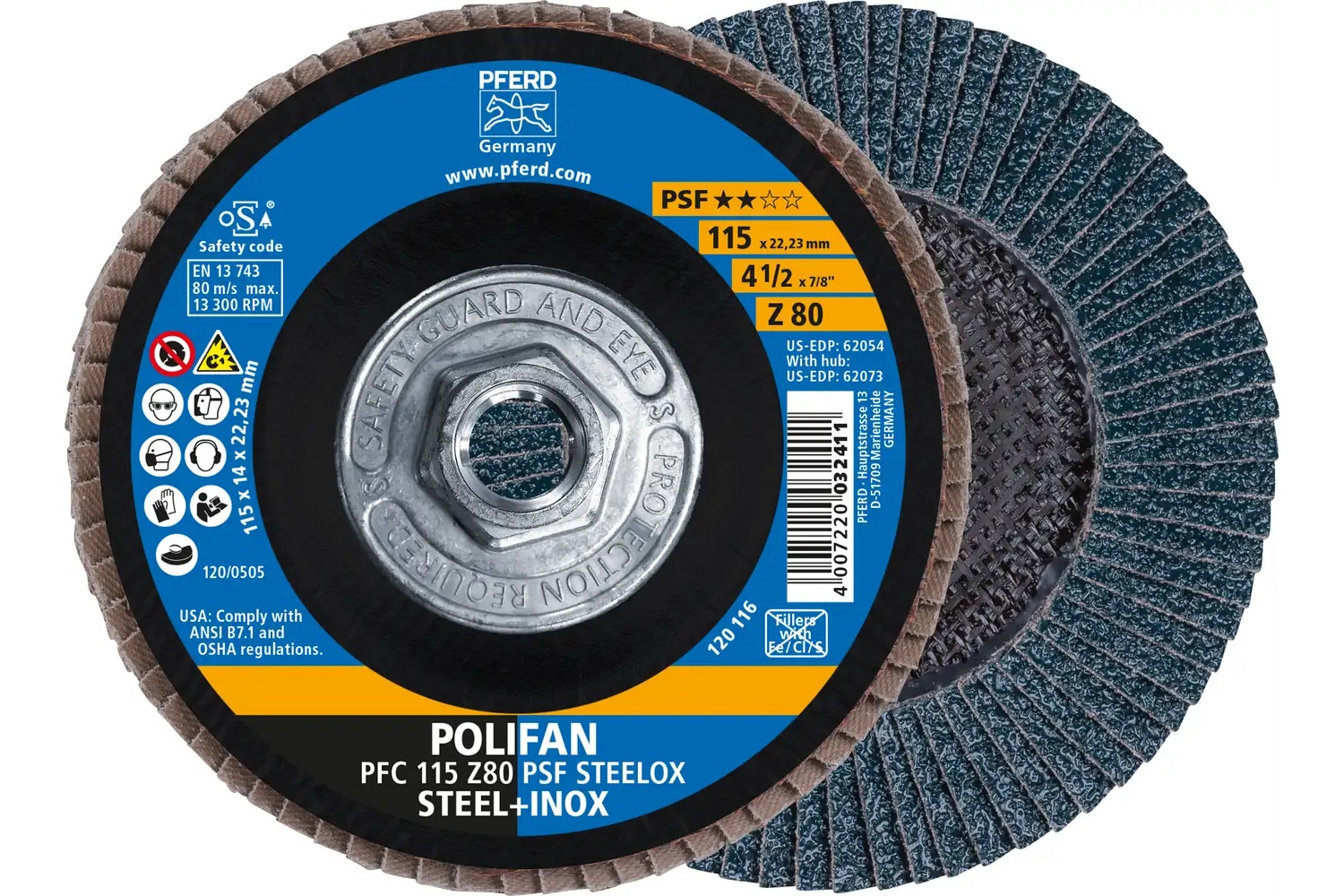 Picture of Pferd Flap Disc, 4-1/2" x 5/8-11, Z PSF Steelox, 80 Grit, T29, Conical, Zirconia